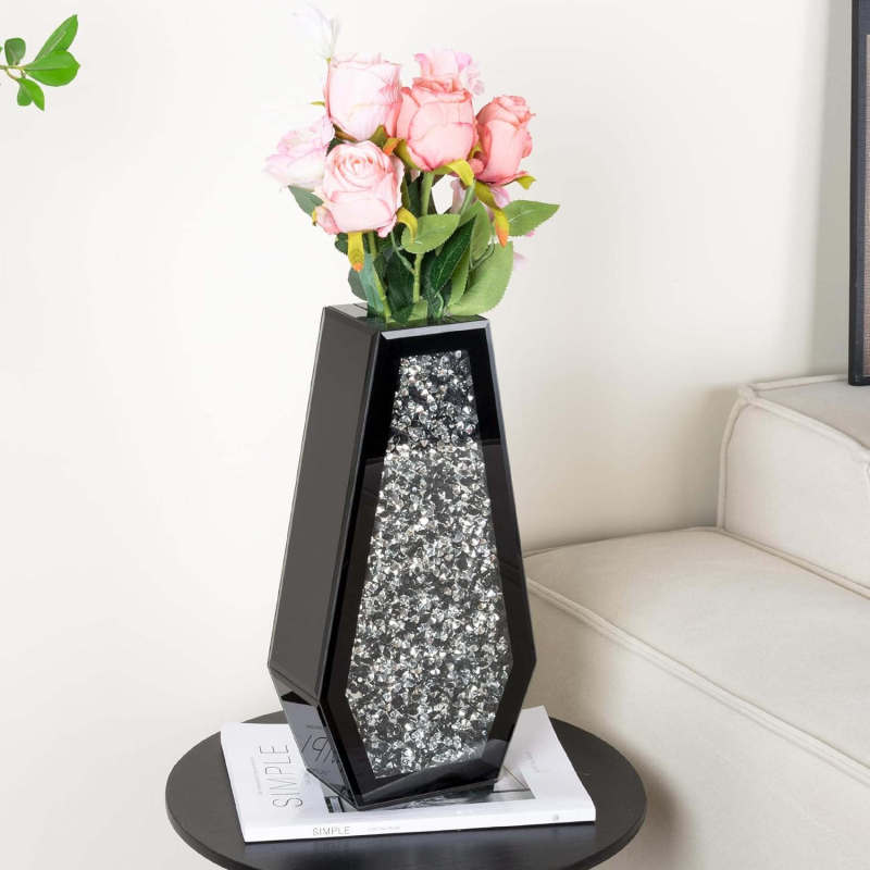 SHYFOY Black/Glod  Crushed Diamond Vase Large Mirrored Flower Vases Home Decor, Black Crystal Glass Vases for Centerpieces Dried and Artificial Flowers, Can’t Hold Water
