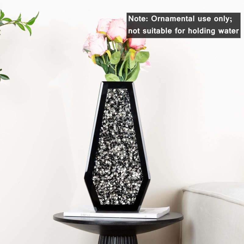 SHYFOY Black/Glod  Crushed Diamond Vase Large Mirrored Flower Vases Home Decor, Black Crystal Glass Vases for Centerpieces Dried and Artificial Flowers, Can’t Hold Water