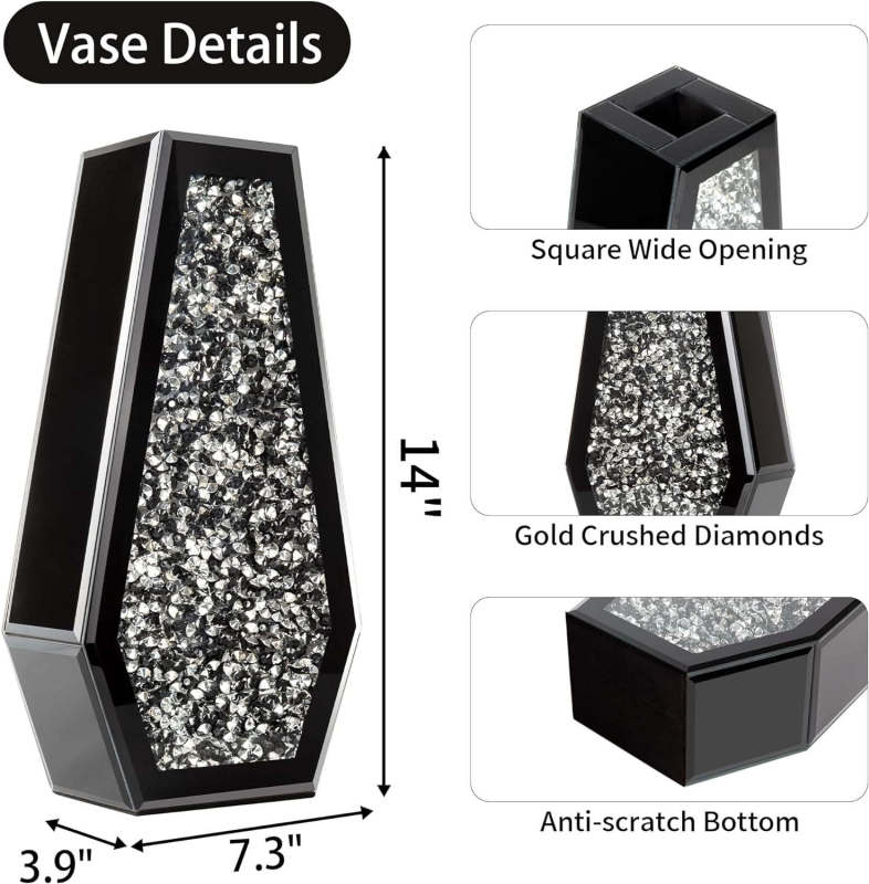 SHYFOY Black/Glod  Crushed Diamond Vase Large Mirrored Flower Vases Home Decor, Black Crystal Glass Vases for Centerpieces Dried and Artificial Flowers, Can’t Hold Water