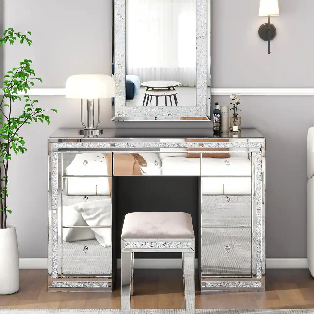 SHYFOY 7-Drawer Mirrored Vanity Dressing Makeup Table with Sparkling ...