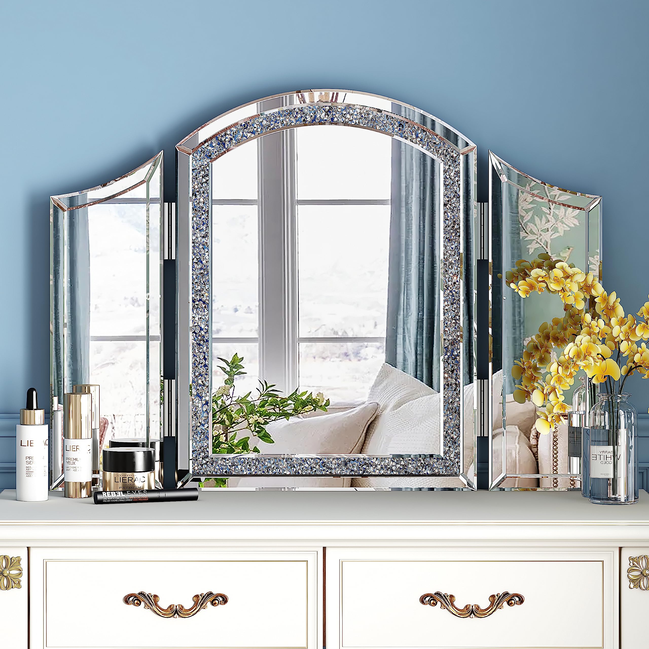 SHYFOY Trifold Mirror Vanity-Crushed Diamond 3 Way Mirror Bedrooms ...