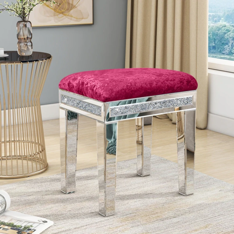 New Arrival Mirror Diamond Vanity Stool with Velvet Upholstered Seat Pink,Blue,Off-white,Light pink