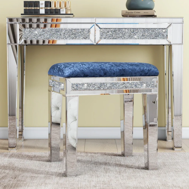 New Arrival Mirror Diamond Vanity Stool with Velvet Upholstered Seat Pink,Blue,Off-white,Light pink