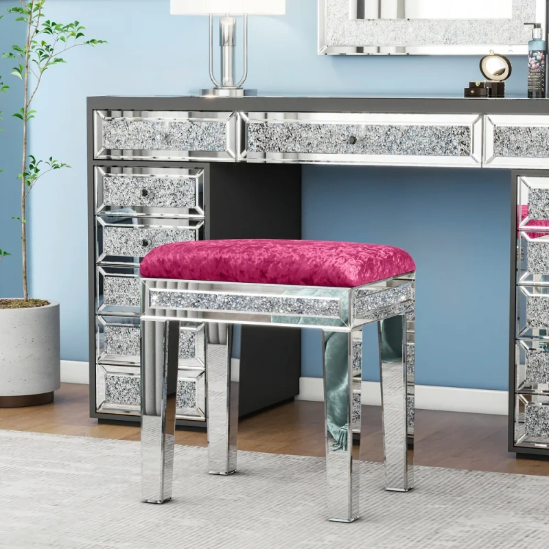 New Arrival Mirror Diamond Vanity Stool with Velvet Upholstered Seat Pink,Blue,Off-white,Light pink
