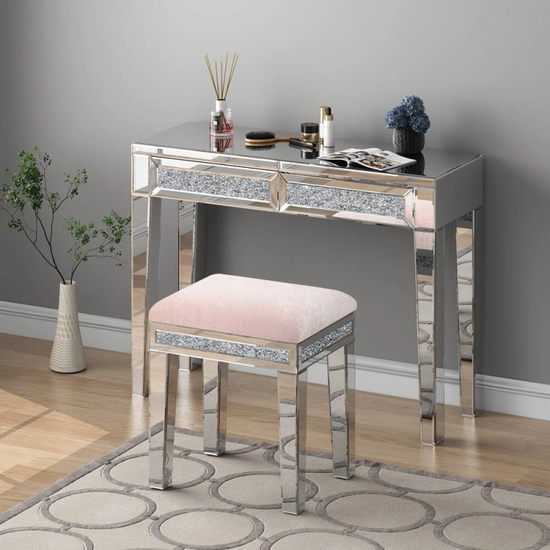 New Arrival Mirror Diamond Vanity Stool with Velvet Upholstered Seat Pink,Blue,Off-white,Light pink