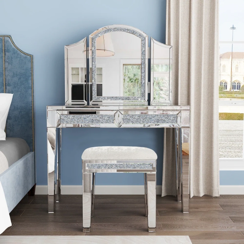 New Arrival Mirror Diamond Vanity Stool with Velvet Upholstered Seat Pink,Blue,Off-white,Light pink