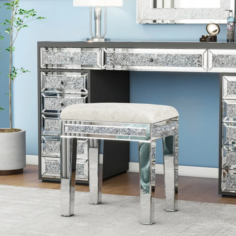 New Arrival Mirror Diamond Vanity Stool with Velvet Upholstered Seat Pink,Blue,Off-white,Light pink