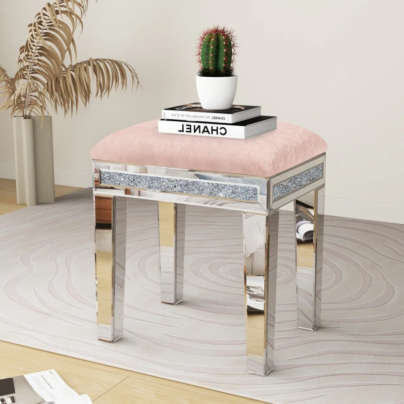 New Arrival Mirror Diamond Vanity Stool with Velvet Upholstered Seat Pink,Blue,Off-white,Light pink