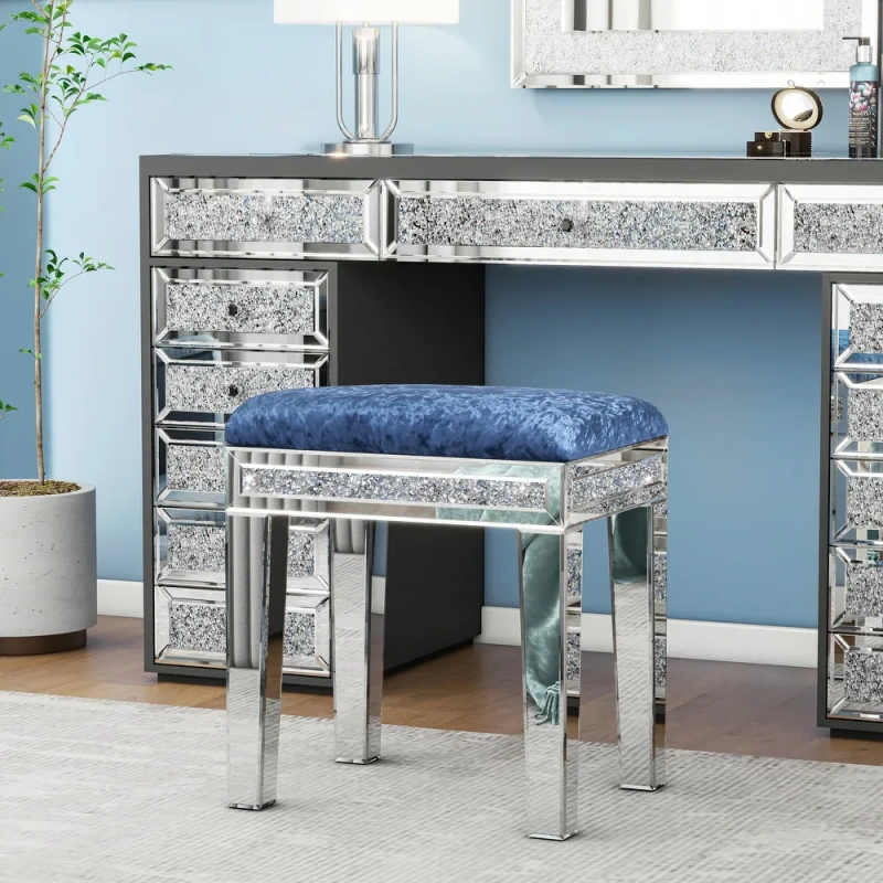 New Arrival Mirror Diamond Vanity Stool with Velvet Upholstered Seat Pink,Blue,Off-white,Light pink