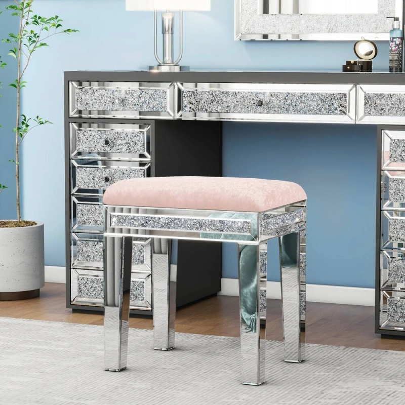 New Arrival Mirror Diamond Vanity Stool with Velvet Upholstered Seat Pink,Blue,Off-white,Light pink