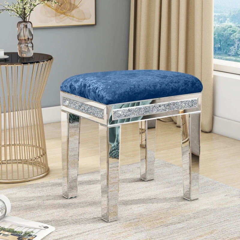 New Arrival Mirror Diamond Vanity Stool with Velvet Upholstered Seat Pink,Blue,Off-white,Light pink