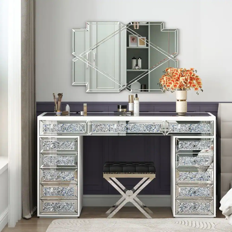 Mirrored Finish Vanity Desk Dresser with 13-Drawer - Black/White