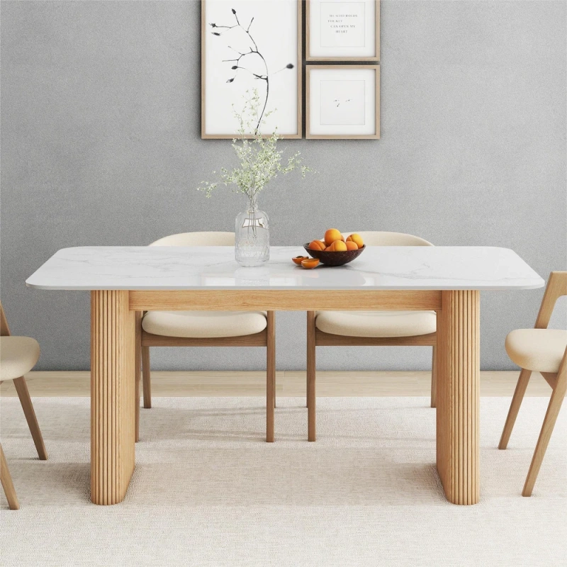 Marble Top Dining Table with Pedestal Grain Wood Base