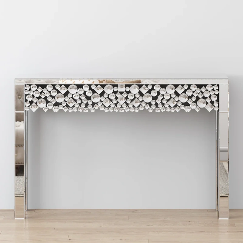Glam Mirrored Entryway Table Console Table with Crystal Frame