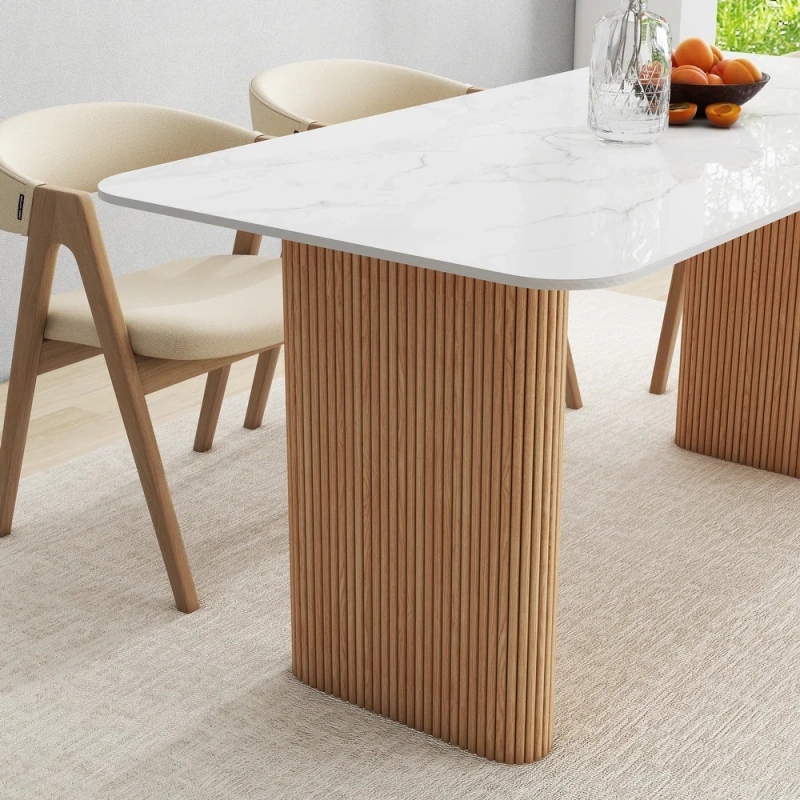Marble Top Dining Table with Pedestal Grain Wood Base