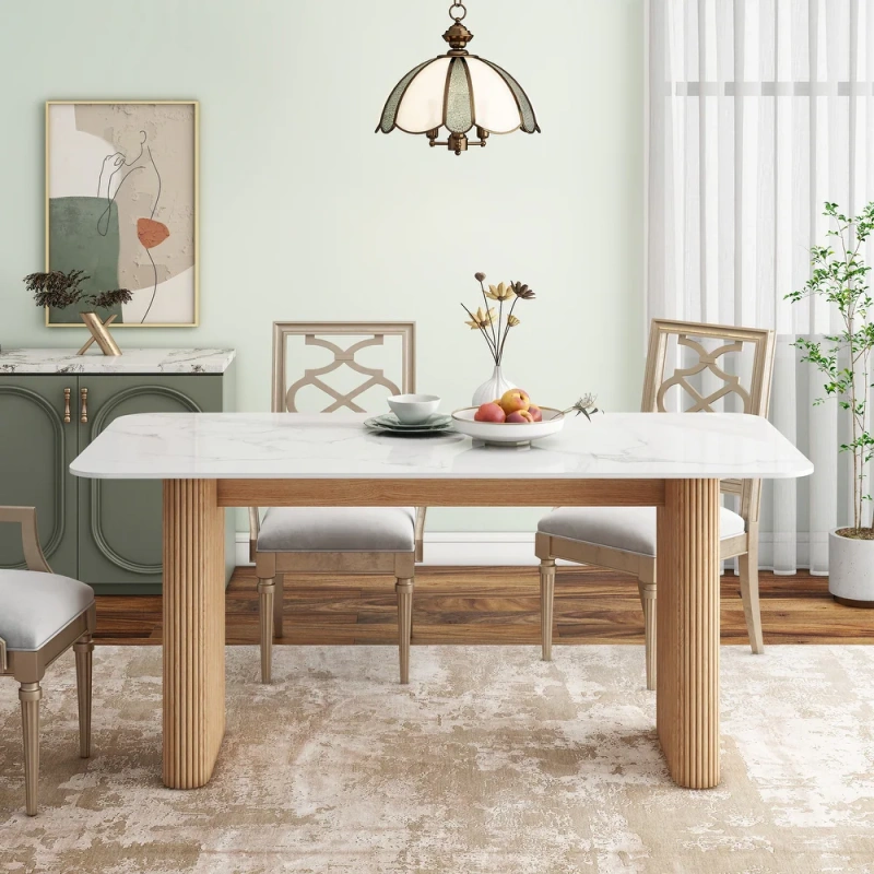 Marble Top Dining Table with Pedestal Grain Wood Base