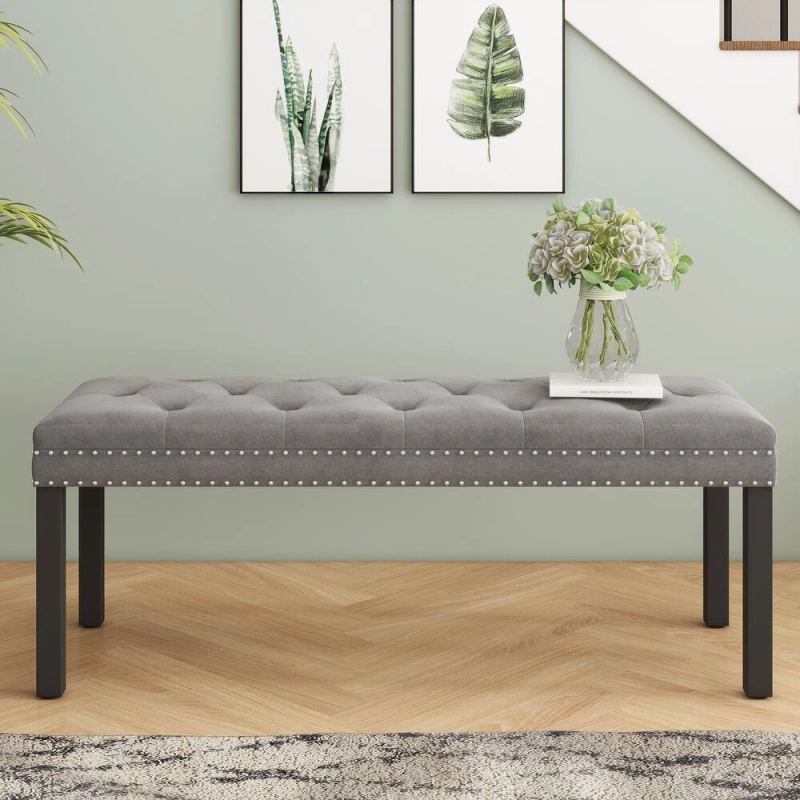 Velvet Upholstered Bench -Grey