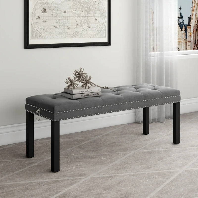 Velvet Upholstered Bench -Grey