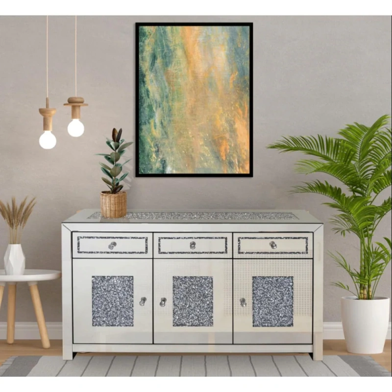 Glam Mirrored Diamond 3-Drawers Accent Cabinet Sideboard