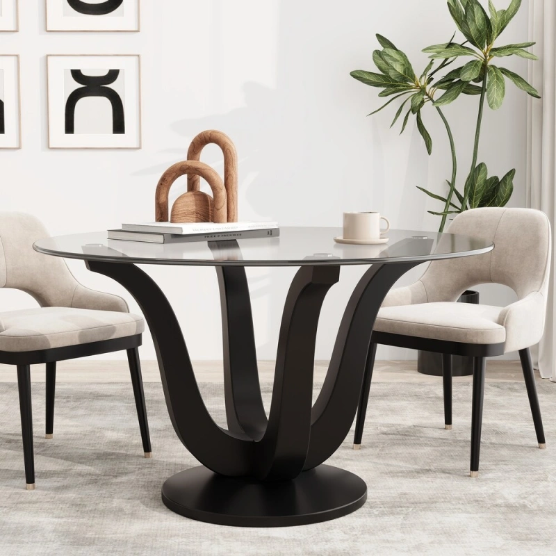 Round Glass Top Solid Wood Base Dining Table -51.18 in. W X 51.18 in. L X 29.53 in. H