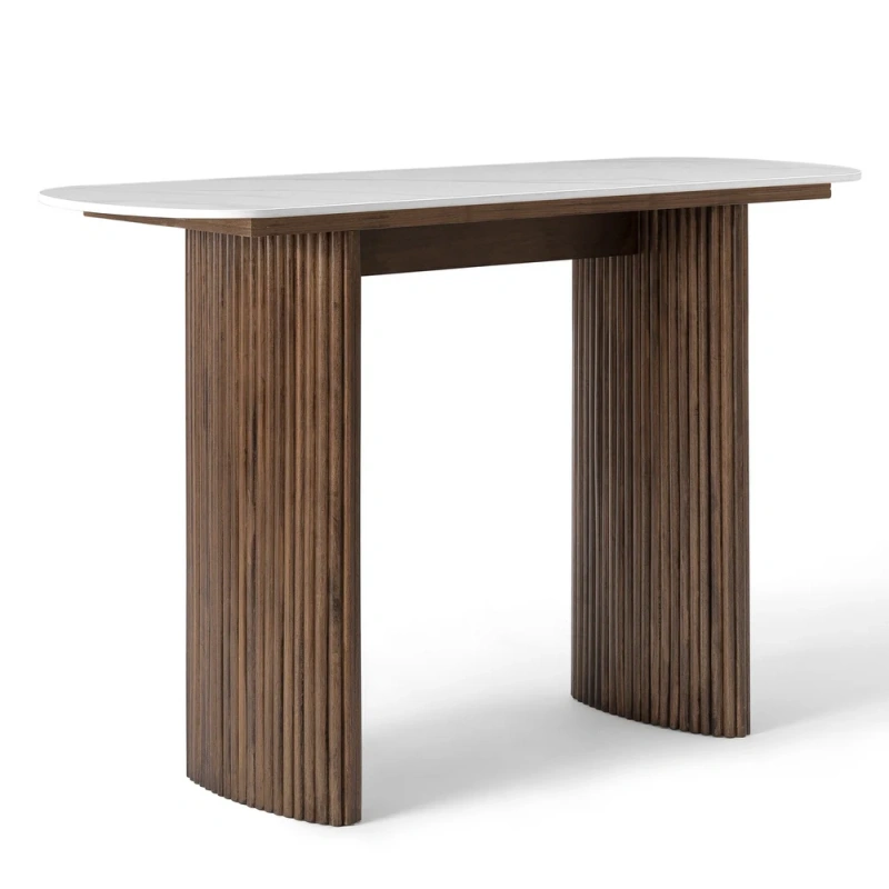 Marble Console Table Entryway Table with Fluted Base - Walnut
