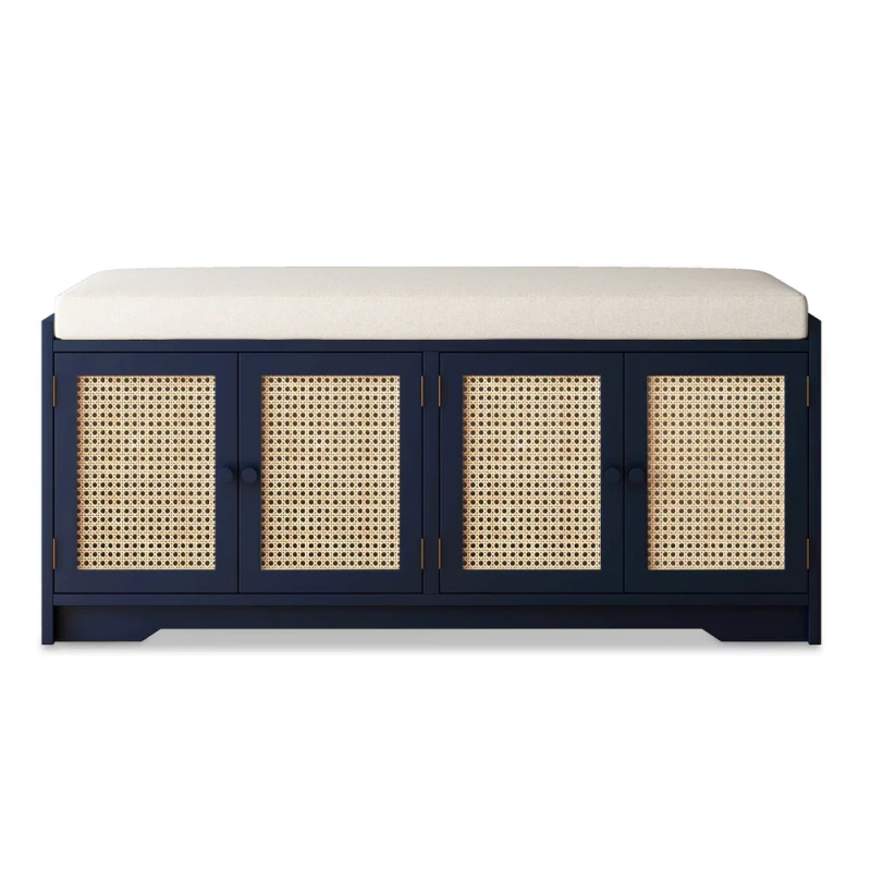 Storage Bench with Cabinet Rattan Style Wood Cabinet