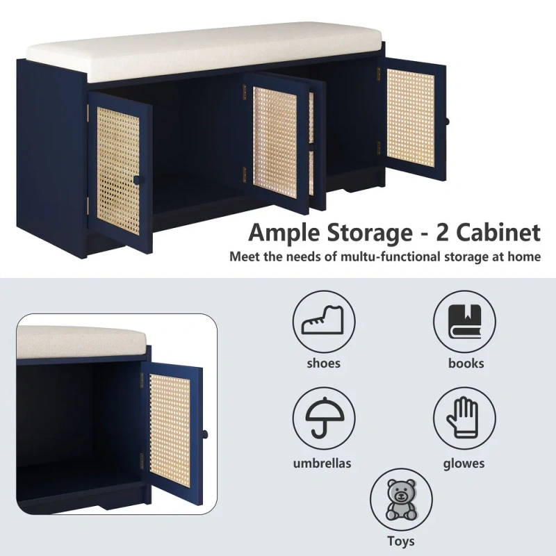 Storage Bench with Cabinet Rattan Style Wood Cabinet