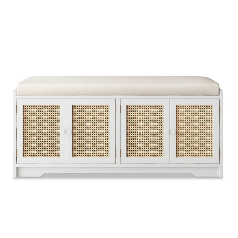 Storage Bench with Cabinet Rattan Style Wood Cabinet