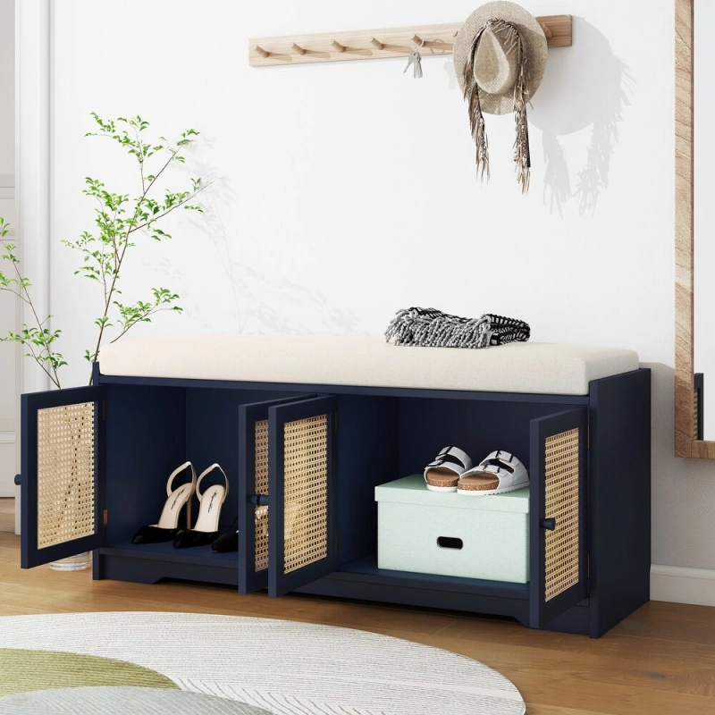 Storage Bench with Cabinet Rattan Style Wood Cabinet