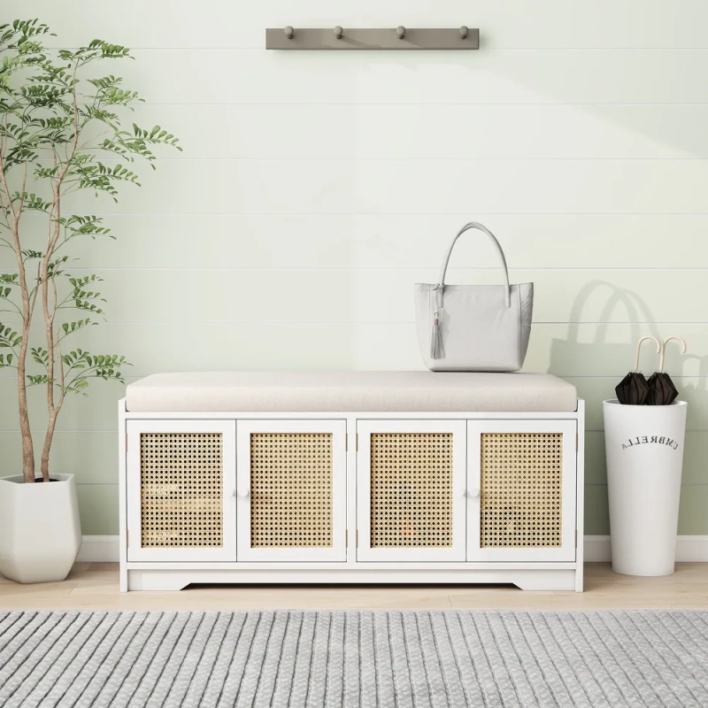Storage Bench with Cabinet Rattan Style Wood Cabinet