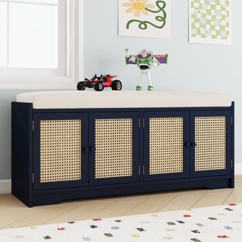 Storage Bench with Cabinet Rattan Style Wood Cabinet