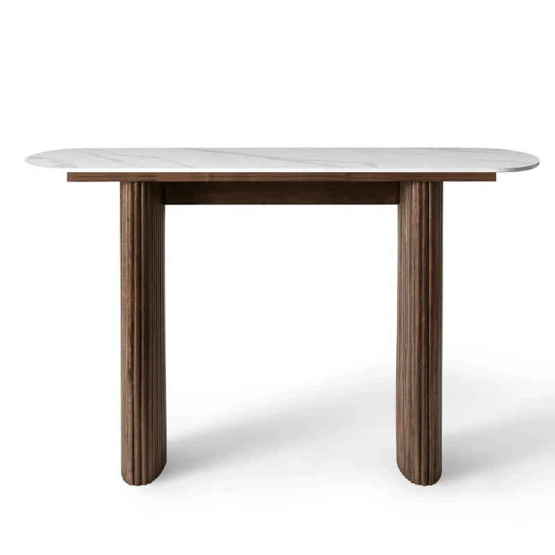 Marble Console Table Entryway Table with Fluted Base - Walnut