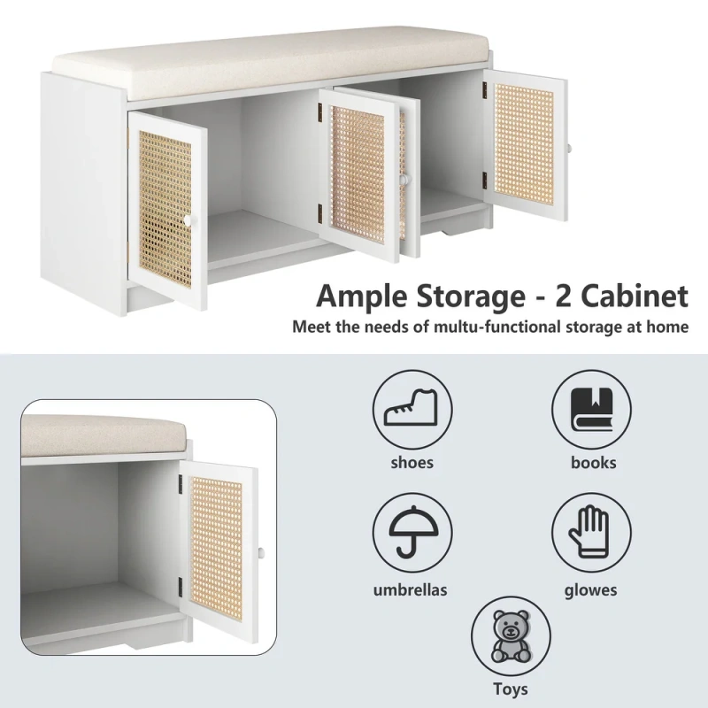 Storage Bench with Cabinet Rattan Style Wood Cabinet