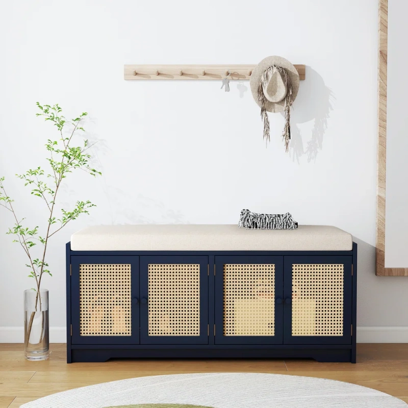 Storage Bench with Cabinet Rattan Style Wood Cabinet