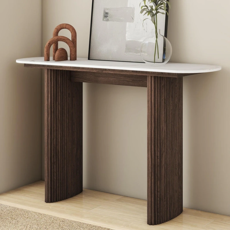 Marble Console Table Entryway Table with Fluted Base - Walnut