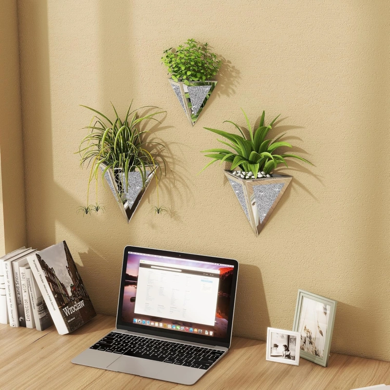 Mirrored Wall Vases Home Decor, 3-Piece Set, Wall Hanging Planters for Indoor Plants, Bling Silver Glass Flower Vases for Living Room Office Bedroom Bathroom - Not for Real Plants