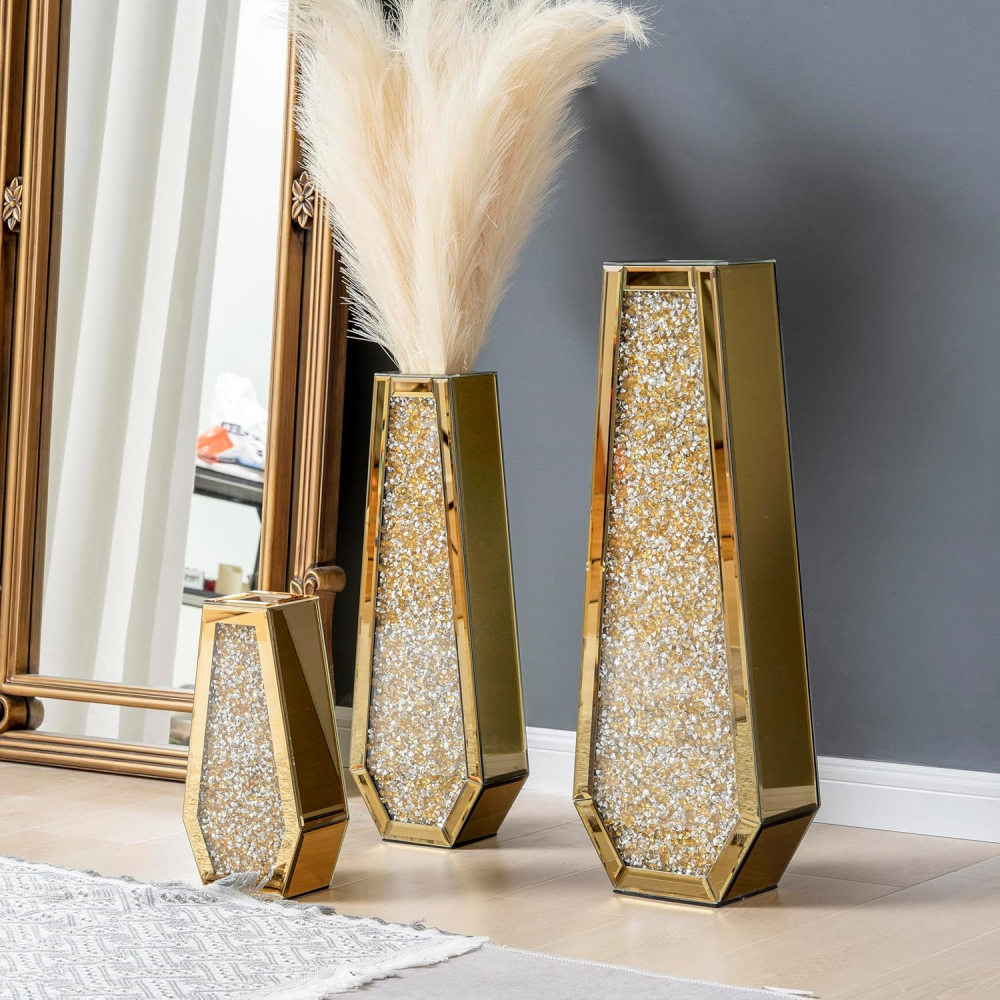 SHYFOY Gold Crushed Diamond Mirror Vase Large Crystal Flower Vases for Centerpieces Luxurious Rhinestone Glass Vase Home Decor for Living Room Dining Room Coffee Table, Can’t Hold Water