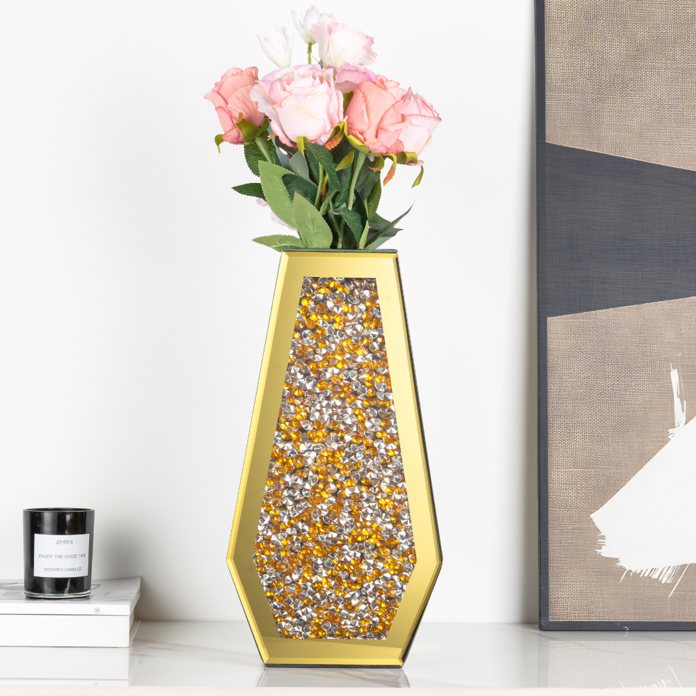SHYFOY Gold Crushed Diamond Mirror Vase Large Crystal Flower Vases for Centerpieces Luxurious Rhinestone Glass Vase Home Decor for Living Room Dining Room Coffee Table, Can’t Hold Water