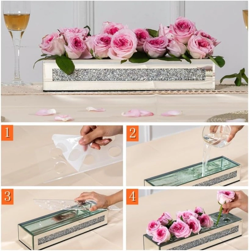 Flower Vase Rectangular Crushed Diamond Mirrored Vases for Centerpiece, Luxury Flower Arrangement for Home Wedding Dining Table Decor, Silver