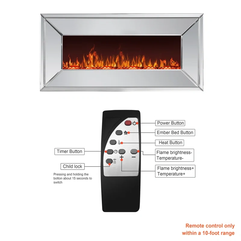 Riggleman Mirrored Wall Mounted Electric Fireplace with Remote Control
