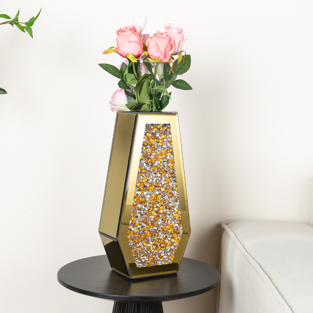 SHYFOY Gold Crushed Diamond Mirror Vase Large Crystal Flower Vases for Centerpieces Luxurious Rhinestone Glass Vase Home Decor for Living Room Dining Room Coffee Table, Can’t Hold Water