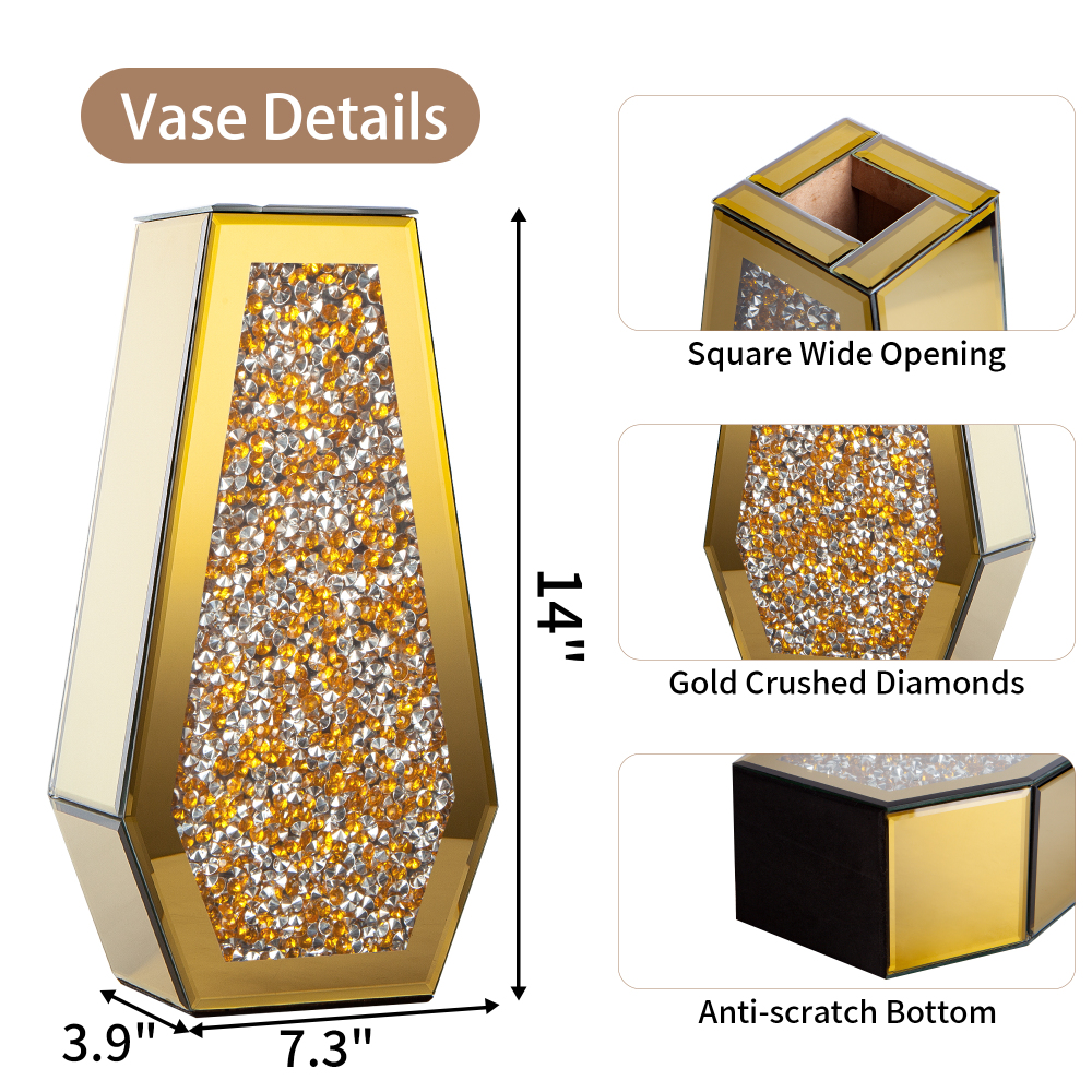 SHYFOY Gold Crushed Diamond Mirror Vase Large Crystal Flower Vases for Centerpieces Luxurious Rhinestone Glass Vase Home Decor for Living Room Dining Room Coffee Table, Can’t Hold Water
