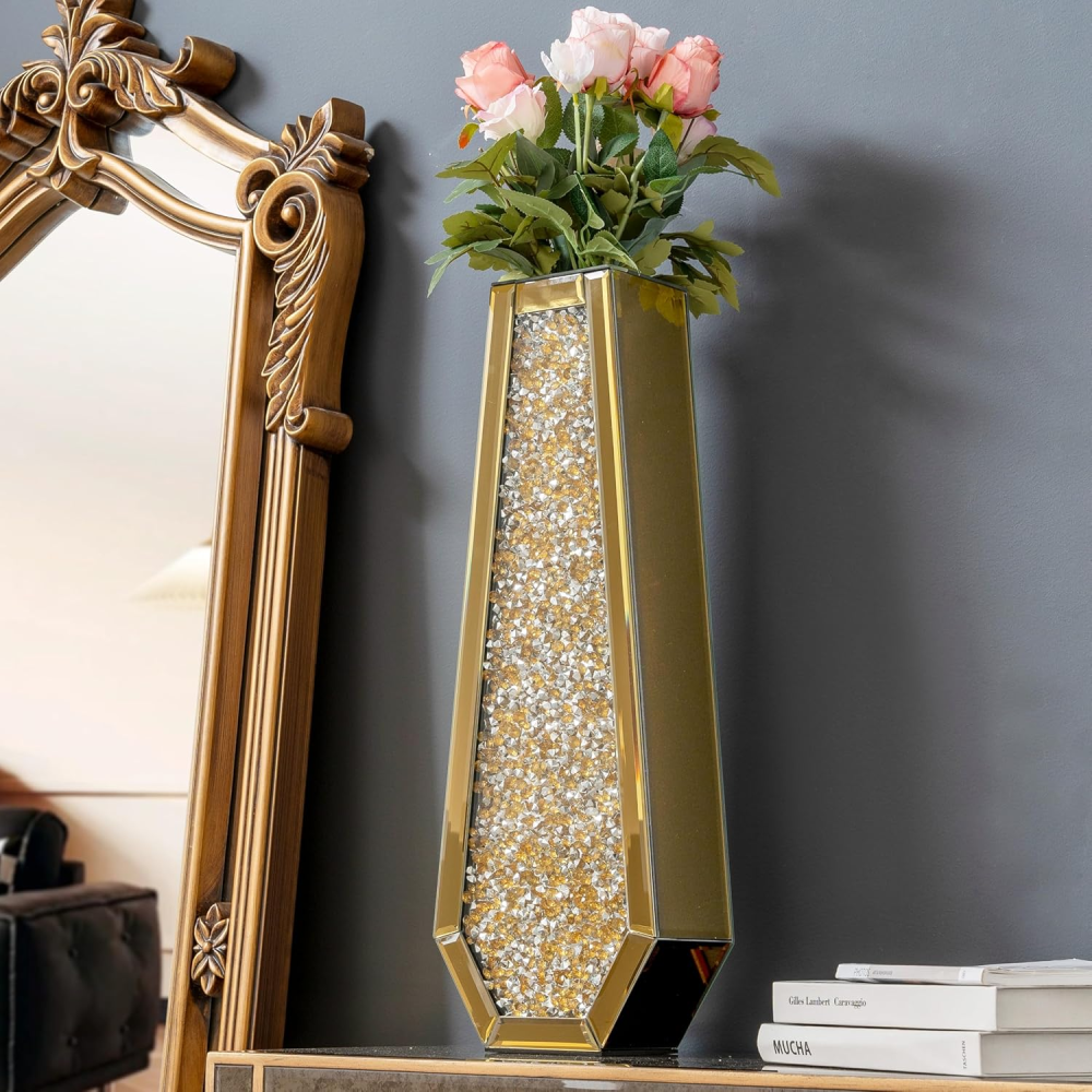 SHYFOY Gold Crushed Diamond Mirror Vase Large Crystal Flower Vases for Centerpieces Luxurious Rhinestone Glass Vase Home Decor for Living Room Dining Room Coffee Table, Can’t Hold Water
