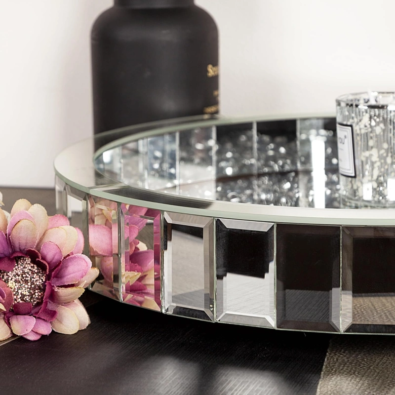 SHYFOY Luxury Round Glass Mirror Tray fills with Crushed Diamond| Bling Perfume Organizer for Dining room Table / SF-MP007