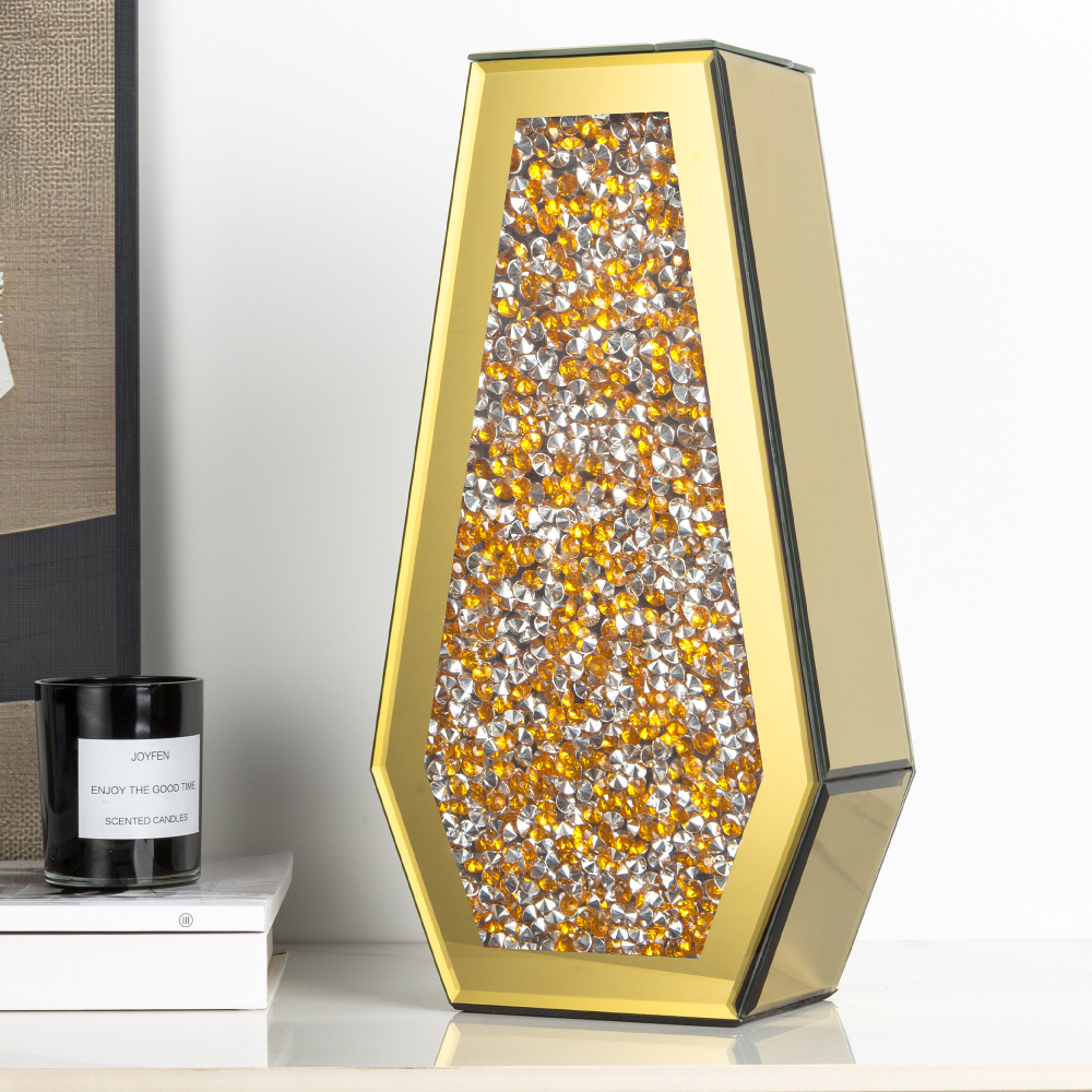 SHYFOY Gold Crushed Diamond Mirror Vase Large Crystal Flower Vases for Centerpieces Luxurious Rhinestone Glass Vase Home Decor for Living Room Dining Room Coffee Table, Can’t Hold Water