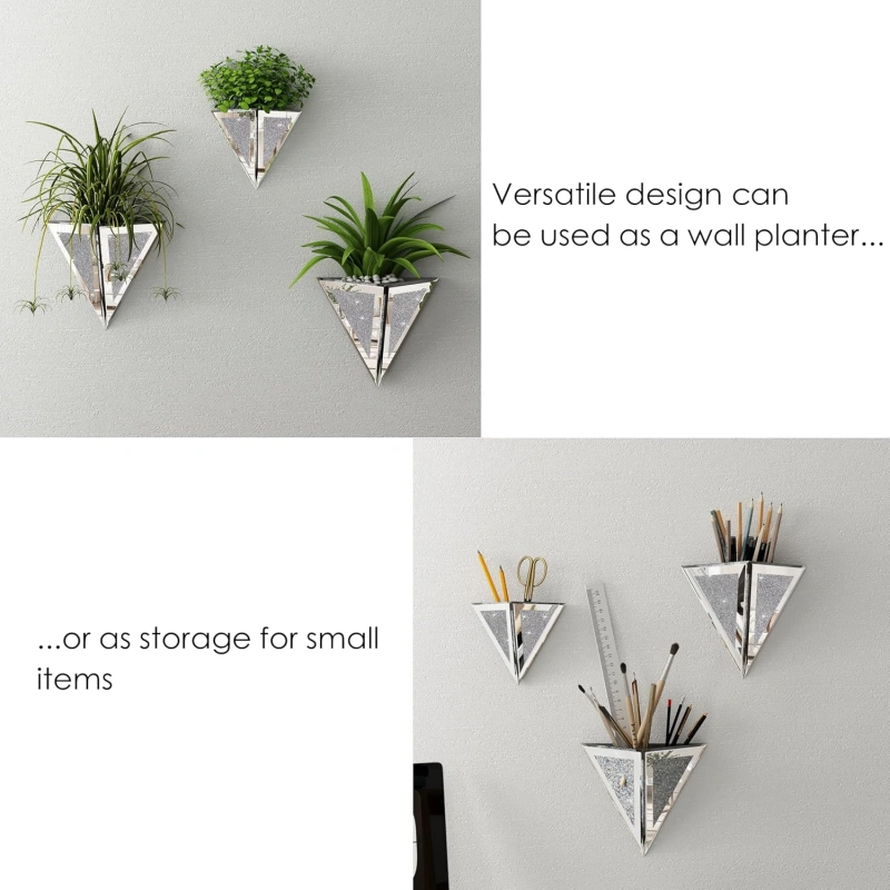 Mirrored Wall Vases Home Decor, 3-Piece Set, Wall Hanging Planters for Indoor Plants, Bling Silver Glass Flower Vases for Living Room Office Bedroom Bathroom - Not for Real Plants