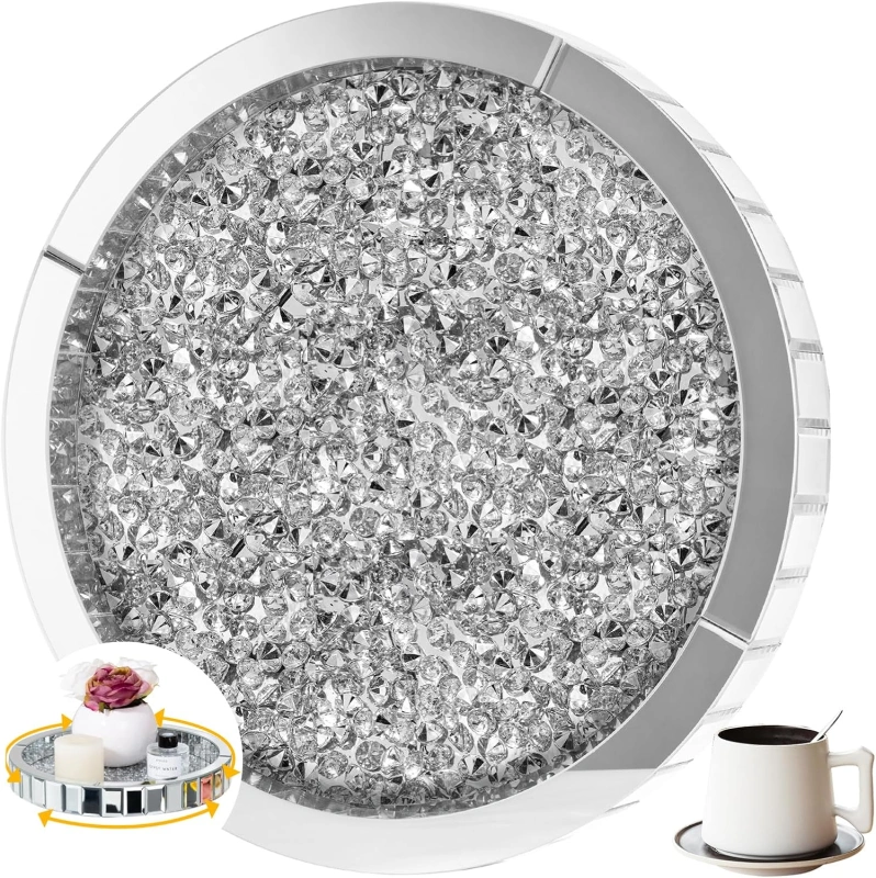 SHYFOY Luxury Round Glass Mirror Tray fills with Crushed Diamond| Bling Perfume Organizer for Dining room Table / SF-MP007