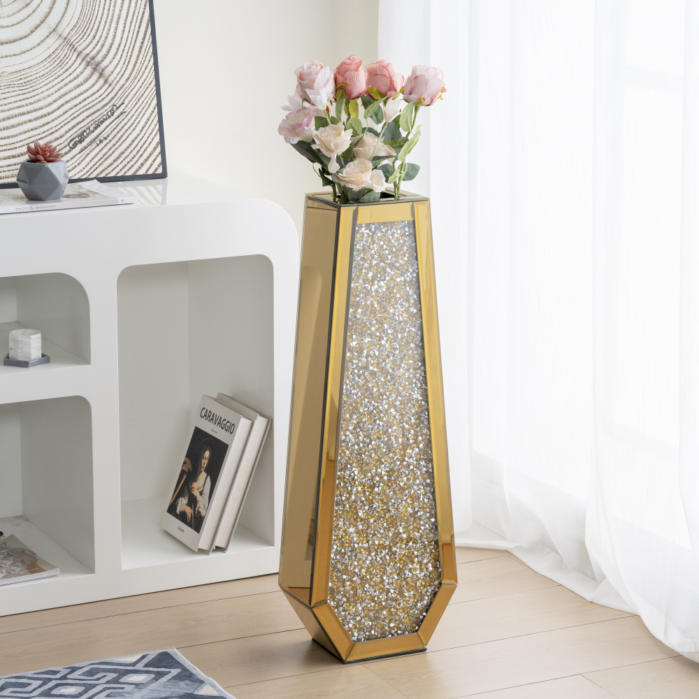 SHYFOY Gold Crushed Diamond Mirror Vase Large Crystal Flower Vases for Centerpieces Luxurious Rhinestone Glass Vase Home Decor for Living Room Dining Room Coffee Table, Can’t Hold Water