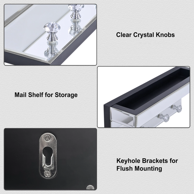 SHYFOY Mirrored Crystal Key Hook Key Hanger for Wall Decorative and Mail Shelf, Silver Modern Key Rack Organizer for Keys, Letters, Bills, Perfect for Entryway Wall Art, Wall Mount Home Decor