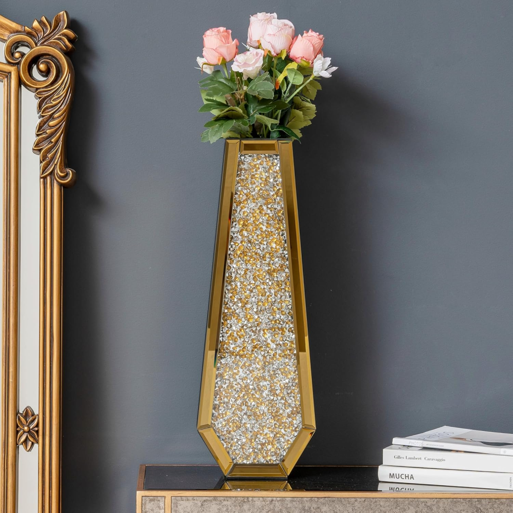 SHYFOY Gold Crushed Diamond Mirror Vase Large Crystal Flower Vases for Centerpieces Luxurious Rhinestone Glass Vase Home Decor for Living Room Dining Room Coffee Table, Can’t Hold Water